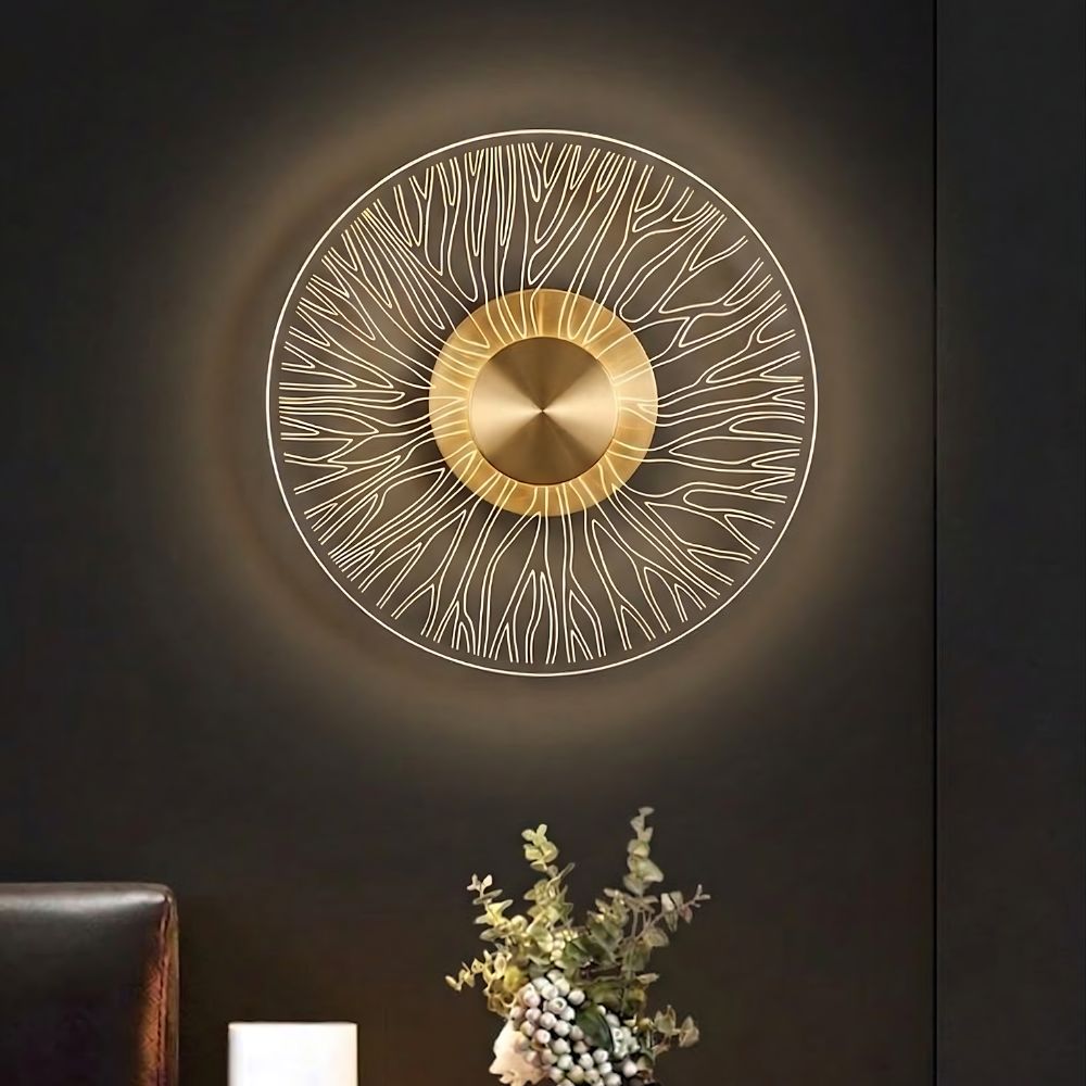 Modern Round LED Wall Light, Brushed Gold Finish, Etched Acrylic Design, Warm Glow, for Bedroom, Living Room and Hallway