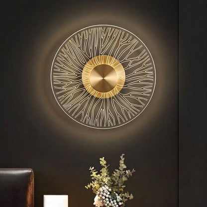 Modern Round LED Wall Light, Brushed Gold Finish, Etched Acrylic Design, Warm Glow, for Bedroom, Living Room and Hallway