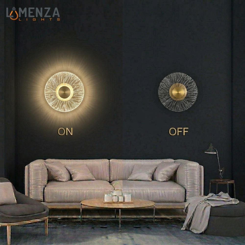 Modern Round LED Wall Light, Brushed Gold Finish, Etched Acrylic Design, Warm Glow, for Bedroom, Living Room and Hallway