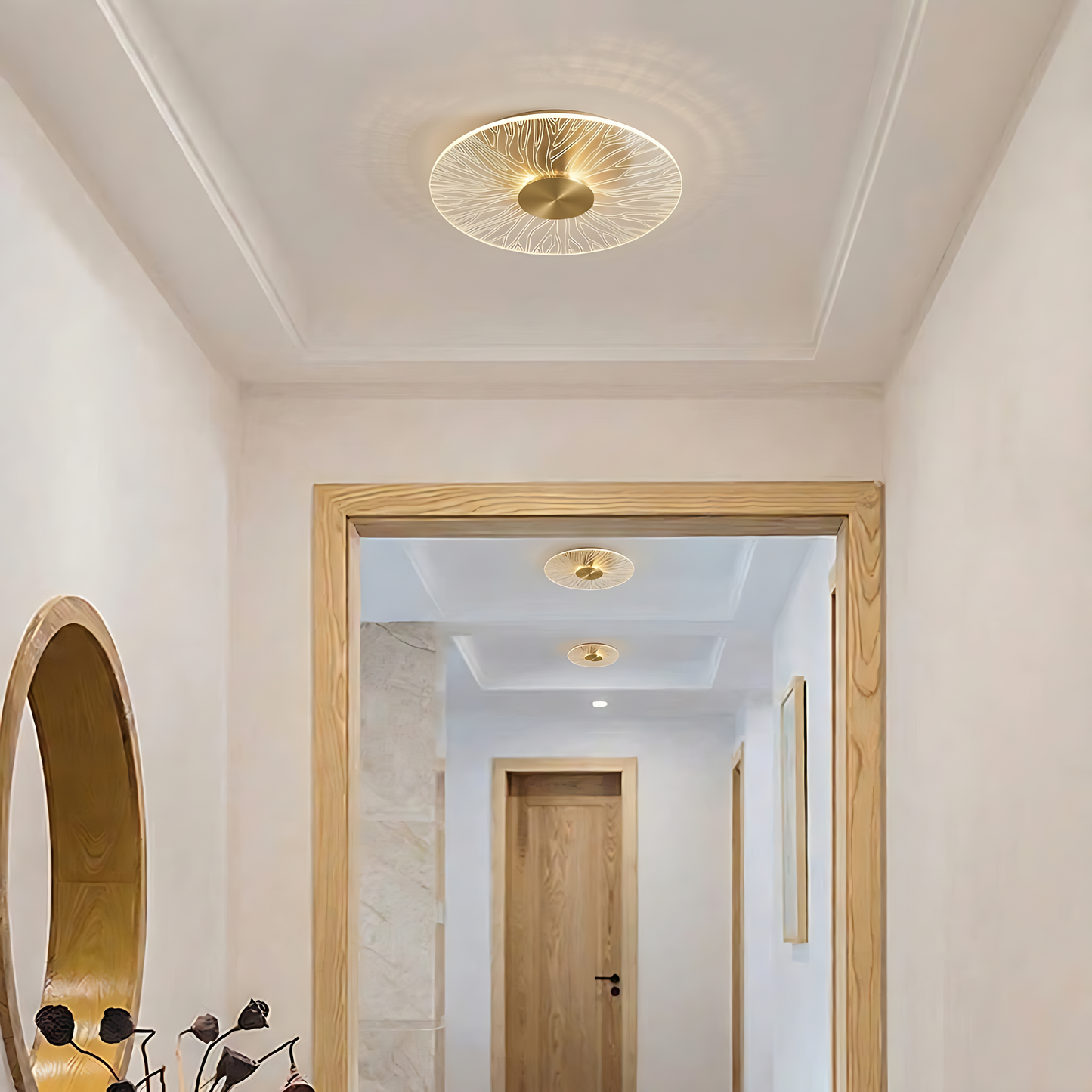 Modern Round LED Wall Light, Brushed Gold Finish, Etched Acrylic Design, Warm Glow, for Bedroom, Living Room and Hallway