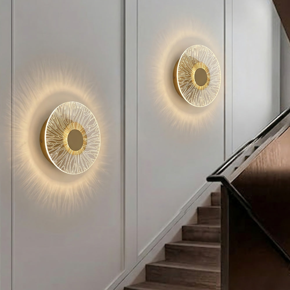 Modern Round LED Wall Light, Brushed Gold Finish, Etched Acrylic Design, Warm Glow, for Bedroom, Living Room and Hallway