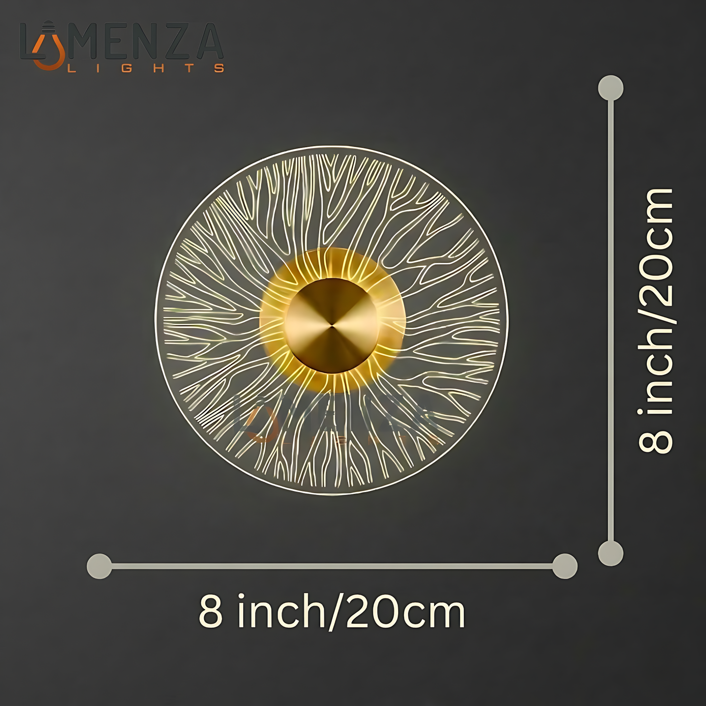 Modern Round LED Wall Light, Brushed Gold Finish, Etched Acrylic Design, Warm Glow, for Bedroom, Living Room and Hallway