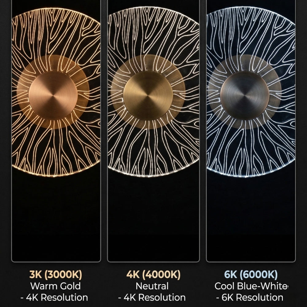 Modern Round LED Wall Light, Brushed Gold Finish, Etched Acrylic Design, Warm Glow, for Bedroom, Living Room and Hallway